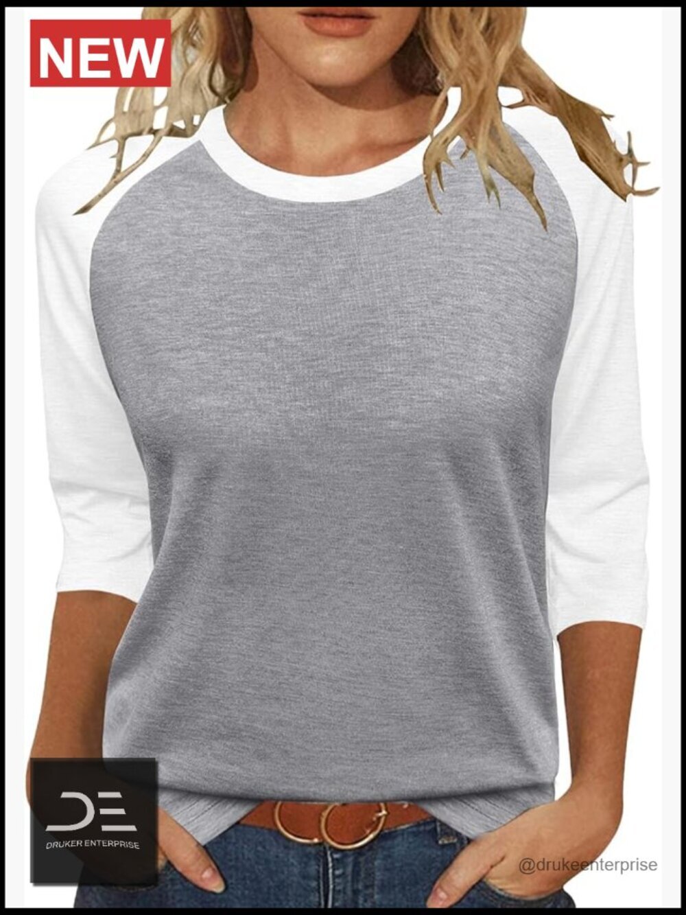 3/4 Sleeve Color Block T-Shirt Loose Fit Crew Neck Pull On Tee
